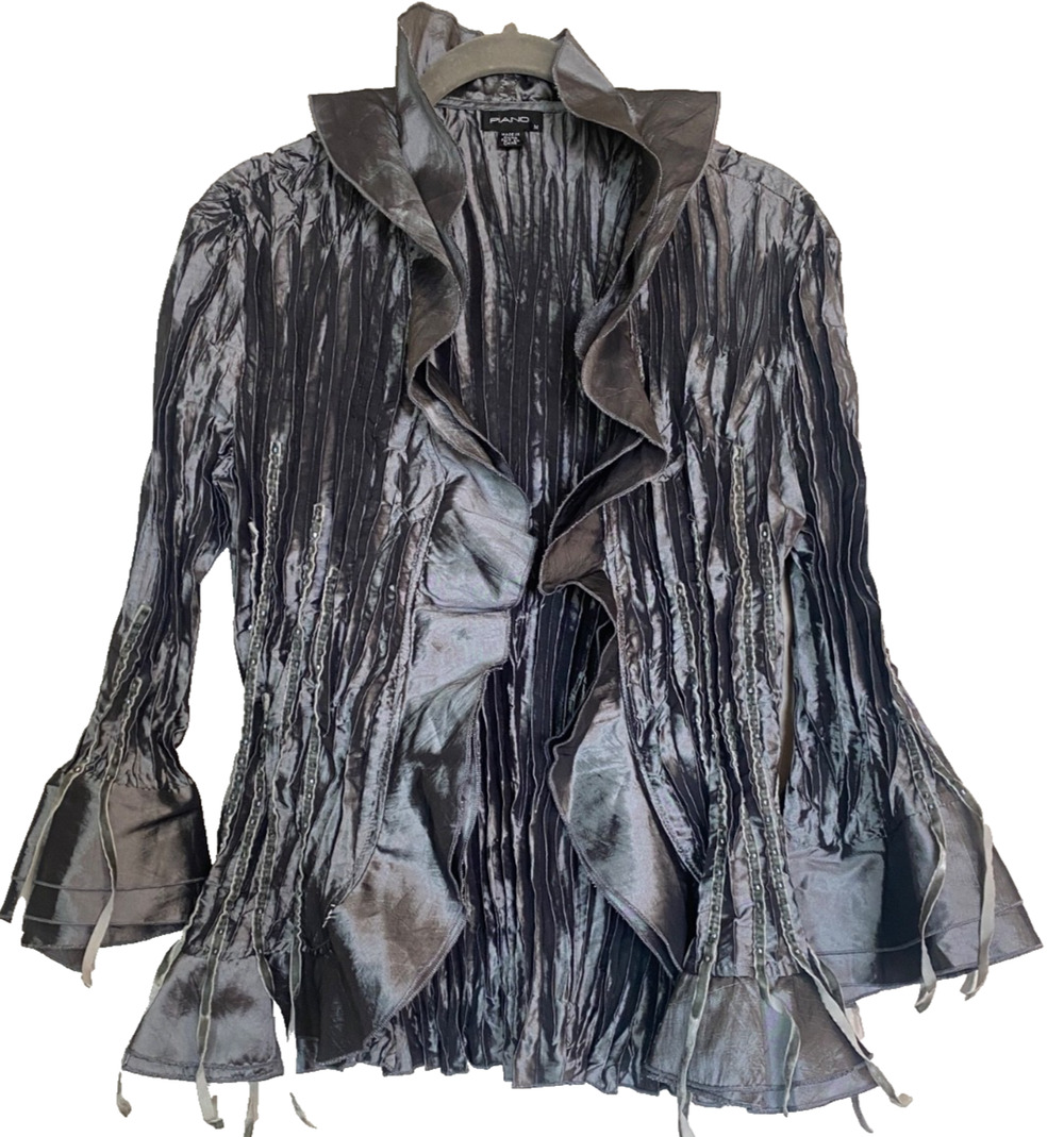 Vintage PIANO Silver Grey Pleated Ruffled Blouse w Beads, Ribbons, Velvet 90s M